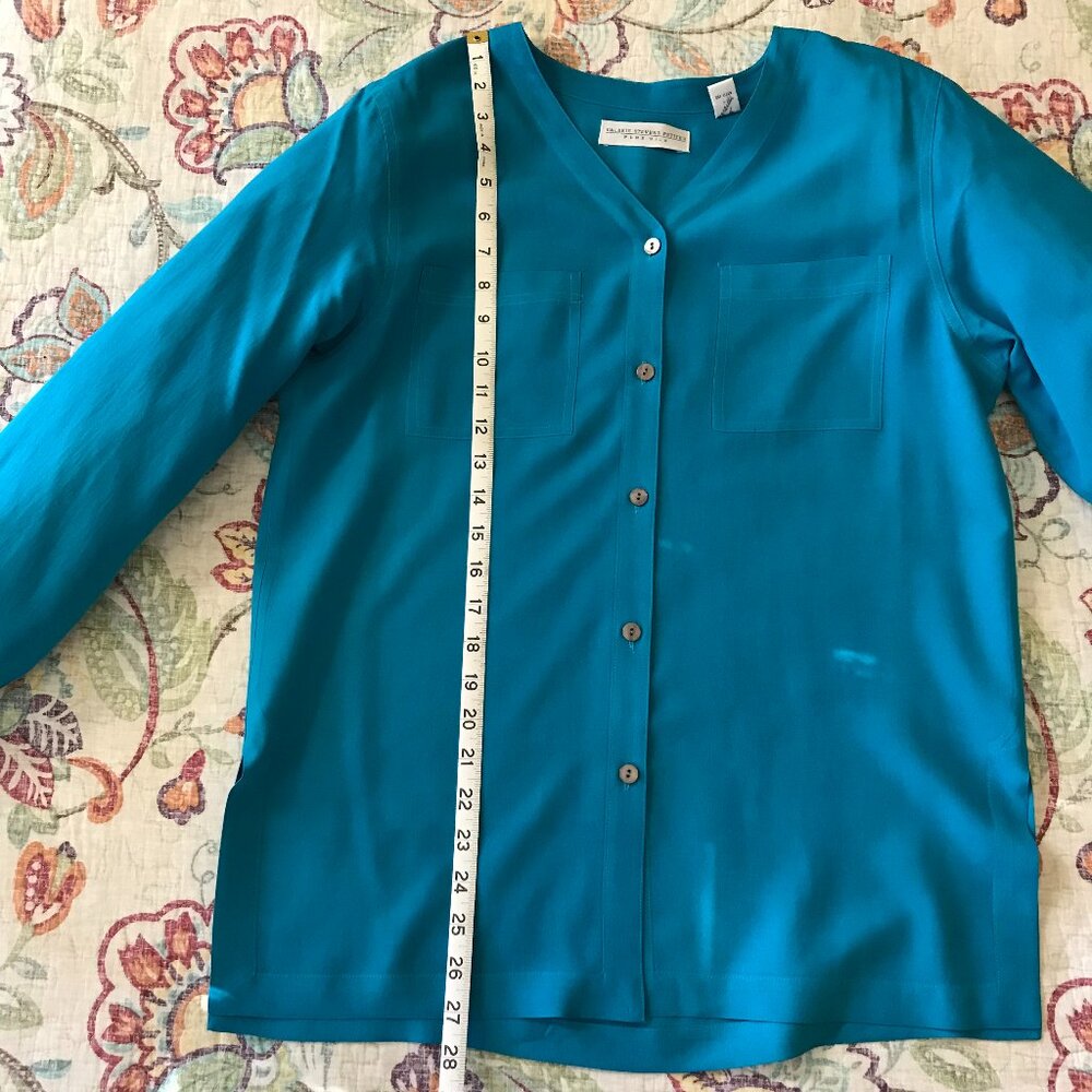 Valerie Stevens Petite Pure Silk Turquoise Blouse - Size PM - Picture 11 of 14